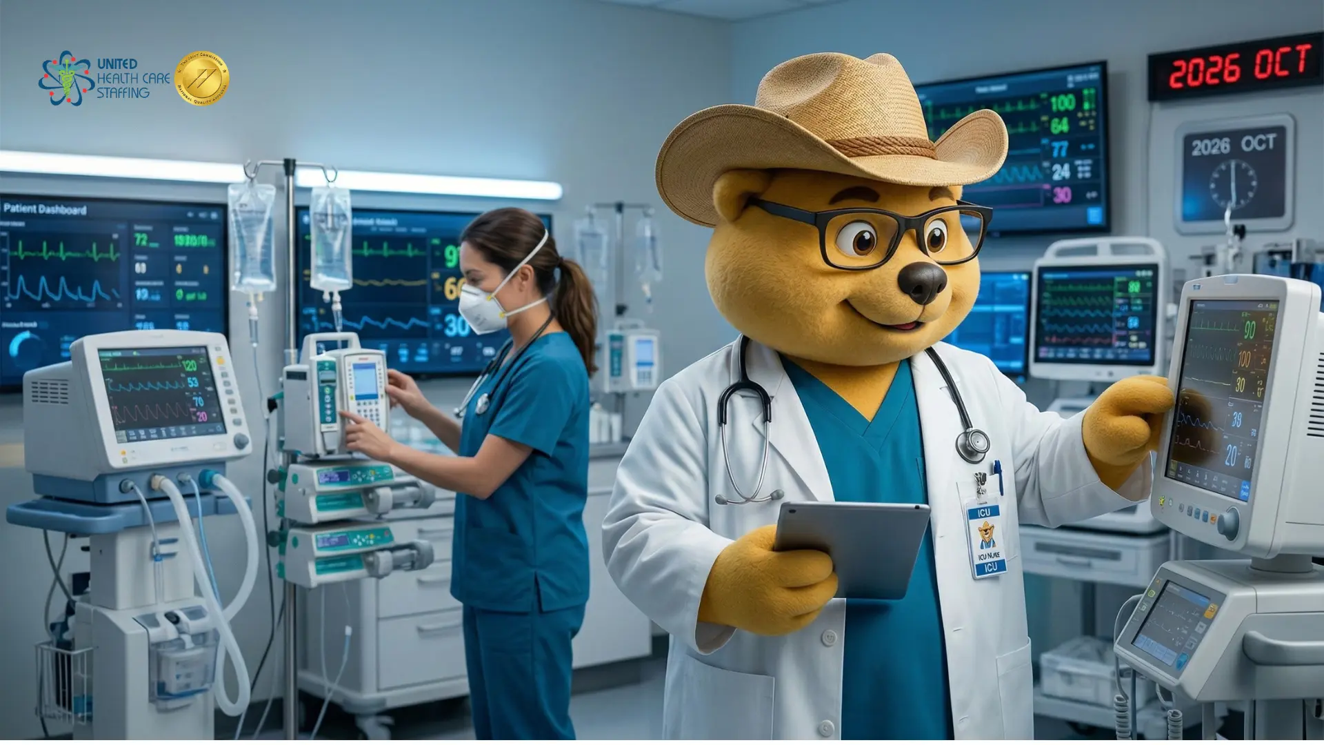 The image has a bright, clean, and professional aesthetic, blending realistic clinical environments with a whimsical, friendly character to create a welcoming healthcare atmosphere.