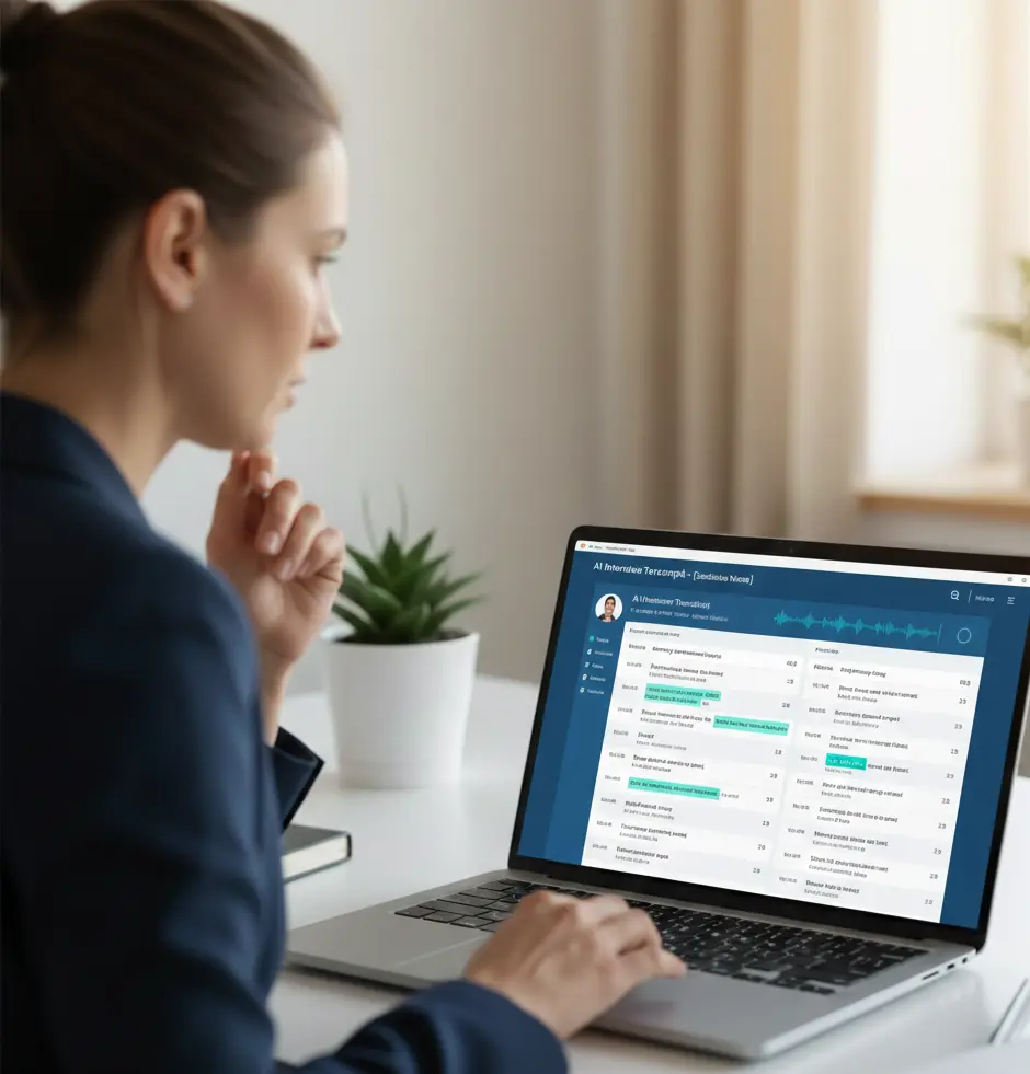 A woman with her hair in a bun is viewed from the side, looking intently at a laptop screen while resting her chin on her hand. The laptop screen displays a sophisticated dashboard with data charts, a waveform, and a list of items, possibly related to an AI interview transcript or candidate analysis. A small potted succulent is visible on the desk in the soft-focus background