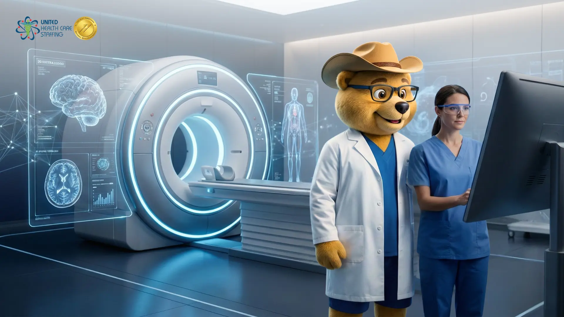 A digital illustration for United Health Care Staffing featuring mascot Uni-Ted in a white lab coat and a female MRI technologist in blue scrubs working at a computer station. In the background is a high-tech, glowing MRI machine with digital holographic displays showing brain scans and human anatomy. The setting is a modern, futuristic medical imaging suite.