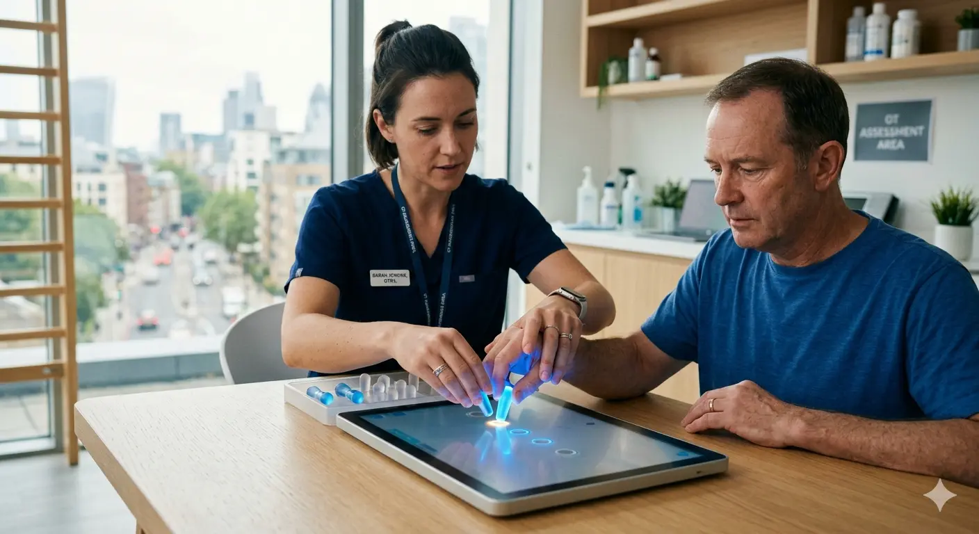An occupational therapist guiding an adult male patient during a rehabilitation session using an interactive digital touchscreen tablet in an OT assessment area.