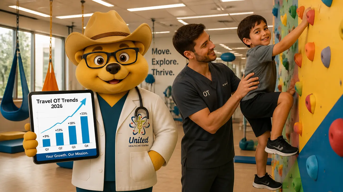 A pediatric occupational therapist supporting a young boy climbing an indoor rock wall, next to the uni-ted mascot holding a tablet displaying a 'Travel OT Trends 2026' growth chart