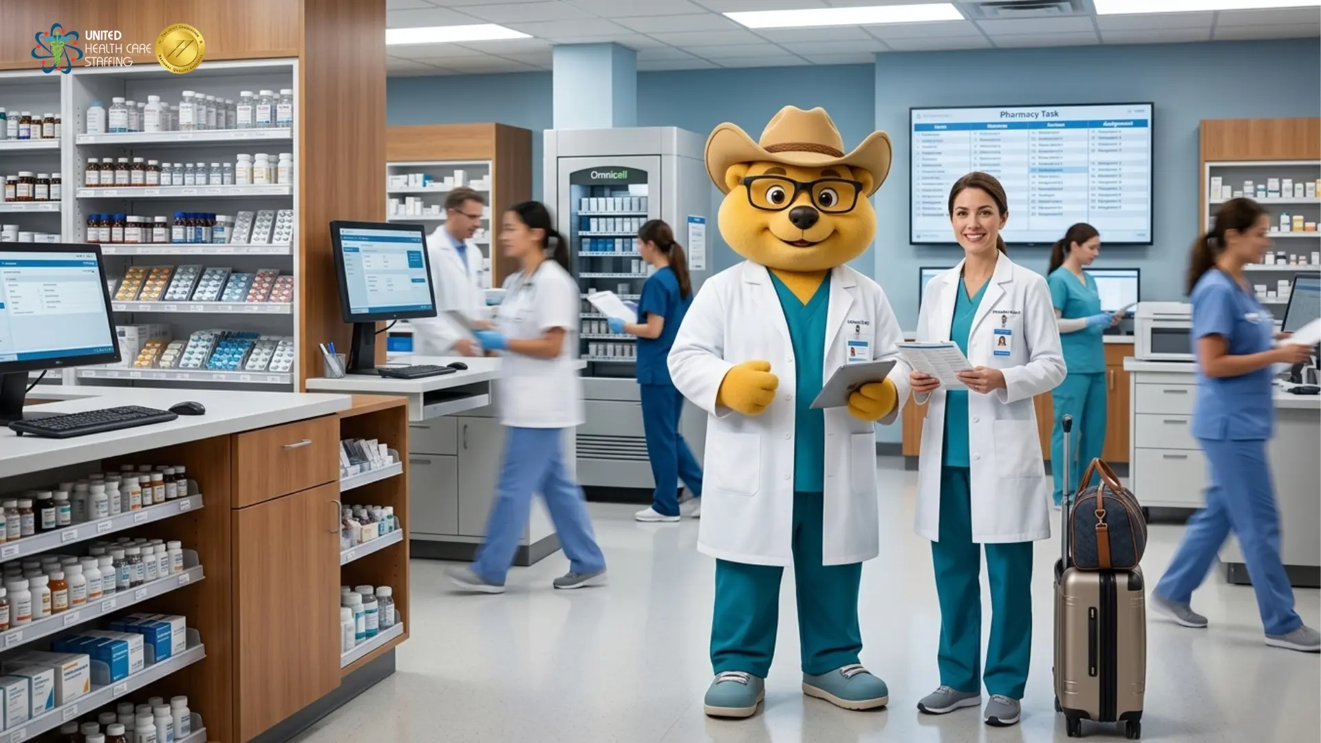 Smiling female pharmacist holding documents standing next to a friendly teddy bear doctor mascot with a tablet in a busy hospital pharmacy with shelves, computers, and medical staff.