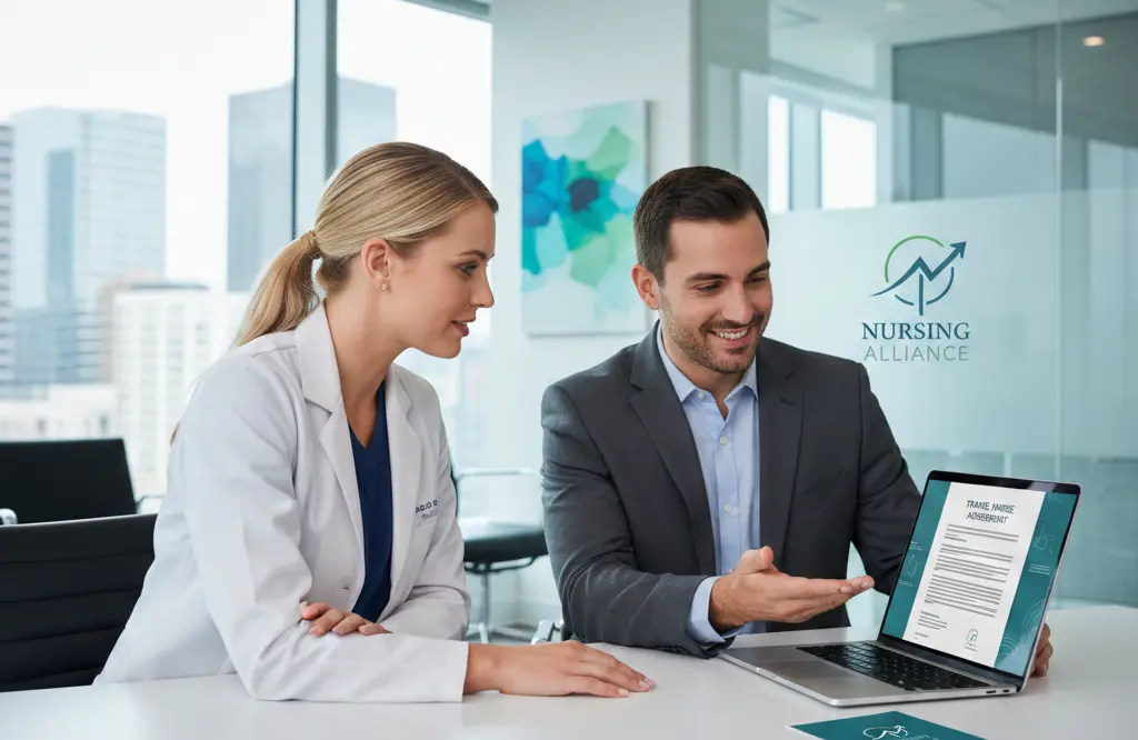 A female doctor in a white coat and a man in a business suit sit at a desk, smiling while looking at a Travel Nurse Agreement displayed on a laptop screen