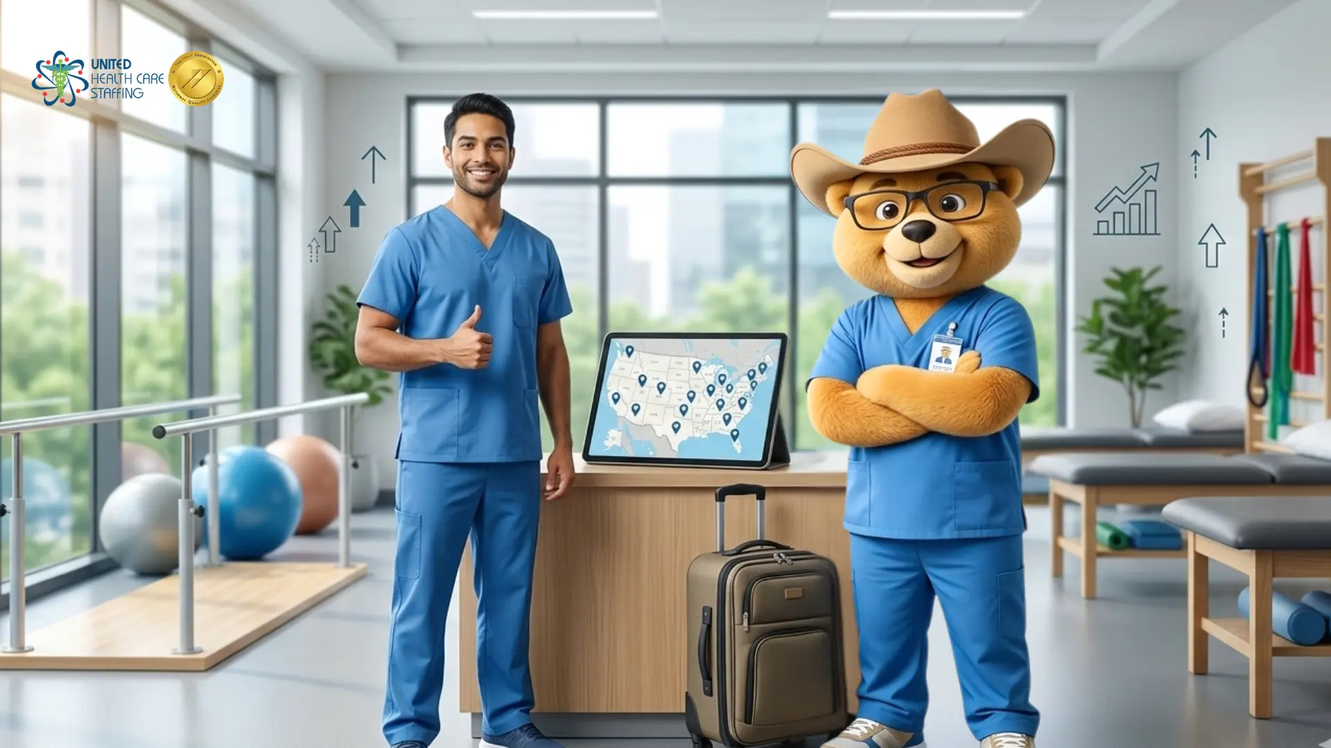 A healthcare professional in blue scrubs giving a thumbs-up next to a friendly bear mascot wearing a cowboy hat, glasses, and matching scrubs. They are standing in a bright, modern physical therapy clinic. Between them, a tablet displays a map of the United States with several location pins. To the left, a United Health Care Staffing logo and a gold quality seal are visible. Blue growth arrows and a suitcase are also pictured, symbolizing career advancement in travel healthcare.