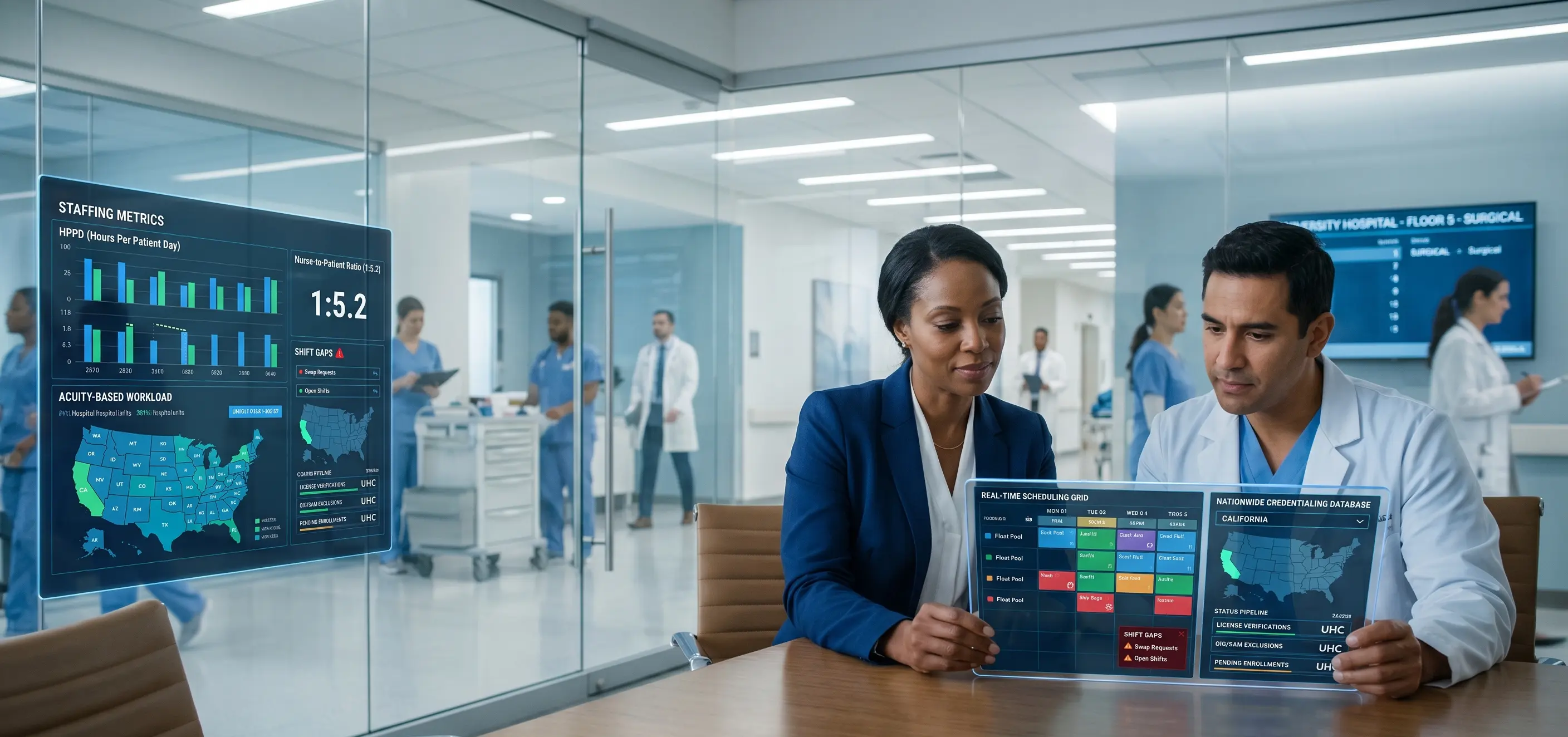 Two healthcare administrators reviewing a digital real-time scheduling grid and credentialing database on a transparent screen in a modern hospital office with floating medical staffing metrics dashboards.