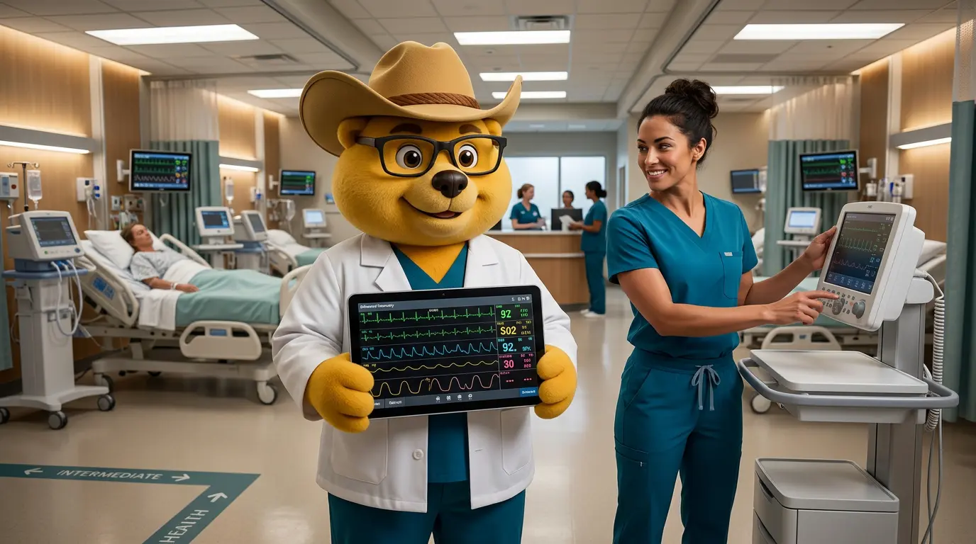 A friendly bear mascot in a doctor's coat holding a tablet showing patient vitals, standing next to a nurse operating a medical monitor in a hospital ICU room.