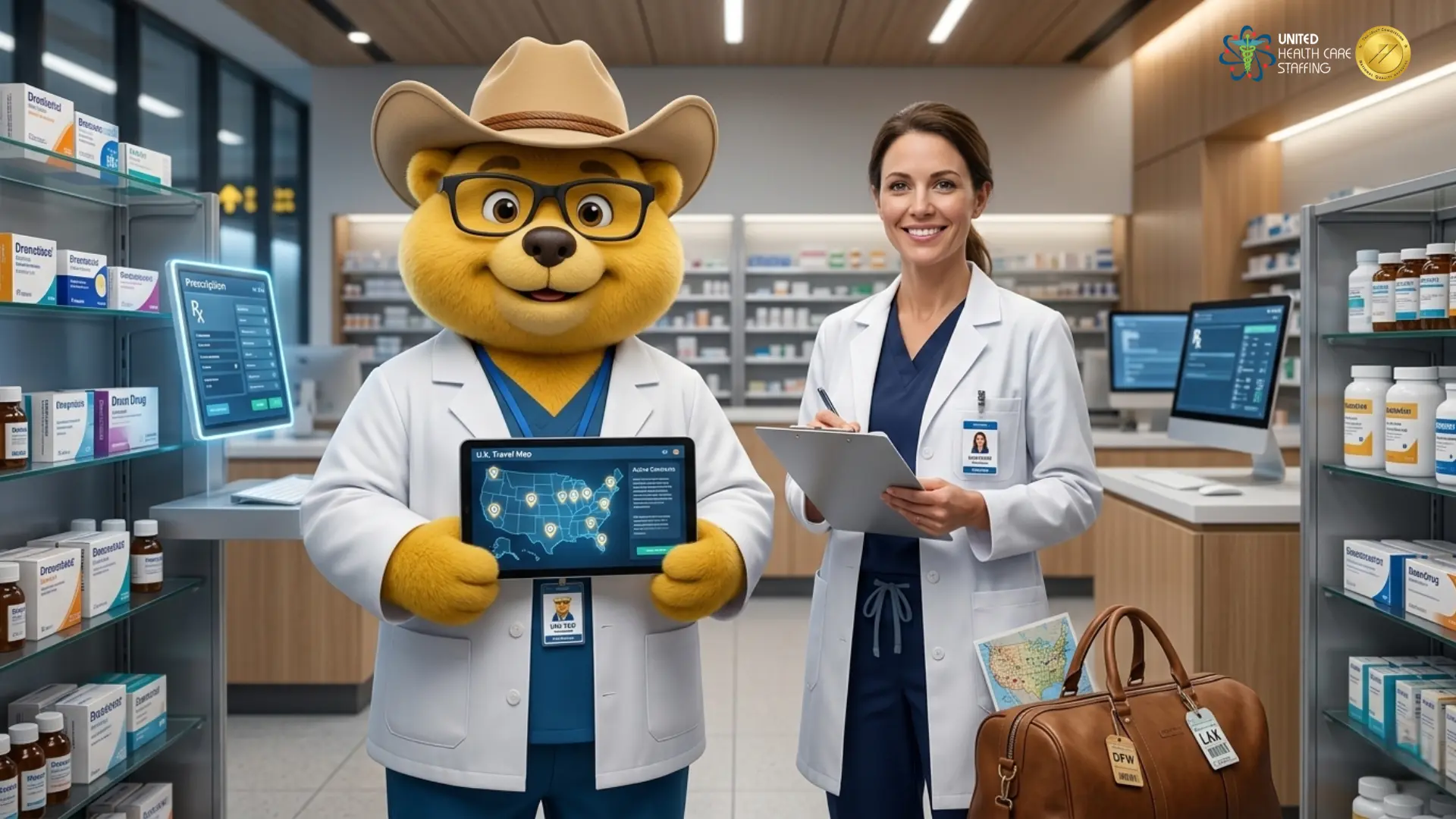 Smiling female pharmacist with a clipboard standing next to a friendly teddy bear doctor mascot holding a digital tablet showing a map inside a modern pharmacy setting with medicine shelves.