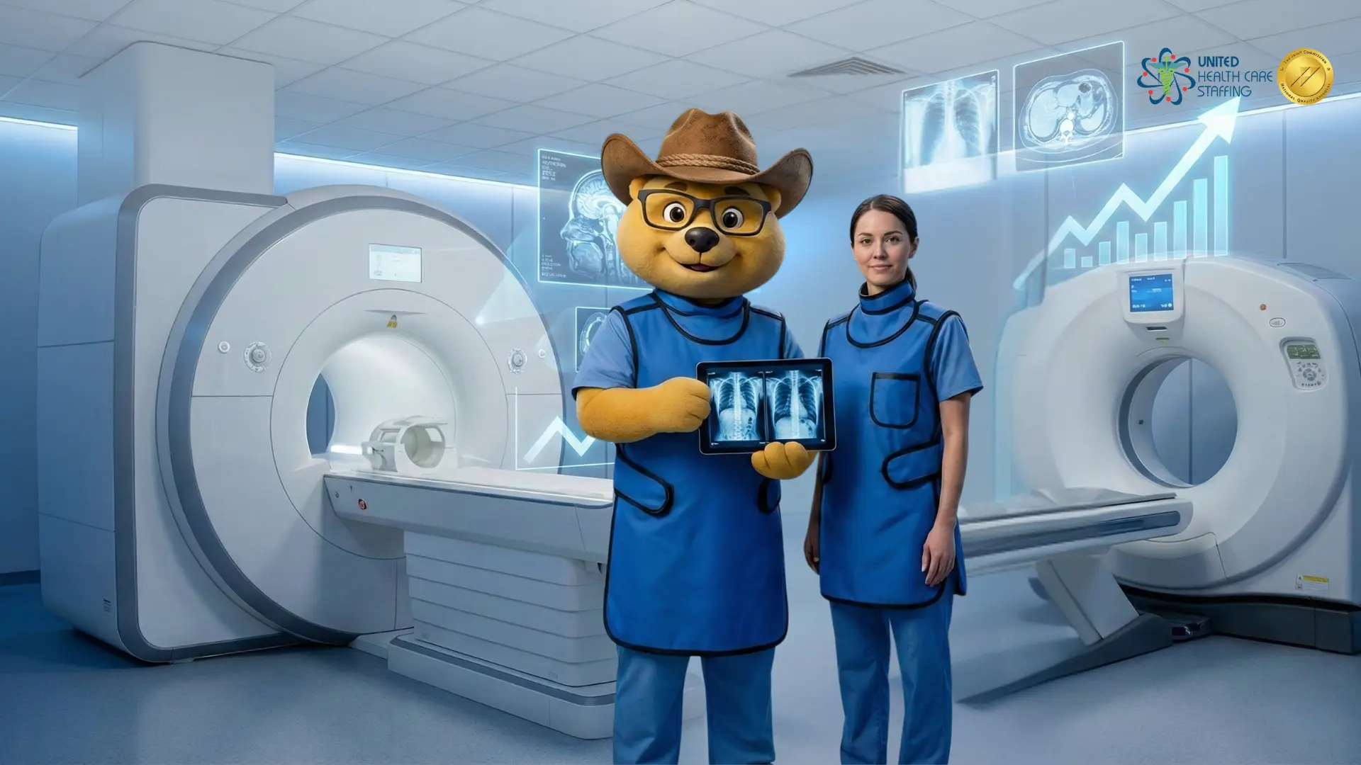 An illustration of mascot Uni-Ted and a female radiology professional wearing lead aprons and blue scrubs in a modern imaging department. Uni-Ted is holding a tablet showing chest X-rays. The room features two MRI scanners and floating digital graphics of lung scans and rising growth charts, highlighting the increasing role of technology in radiology careers.