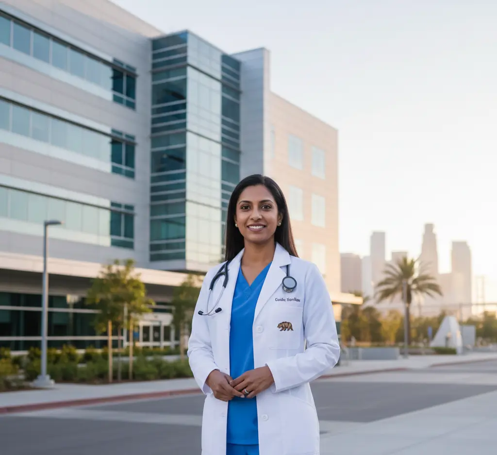 A smiling female doctor in a white lab coat and blue scrubs stands outside a modern medical building with a city skyline and palm trees in the background
