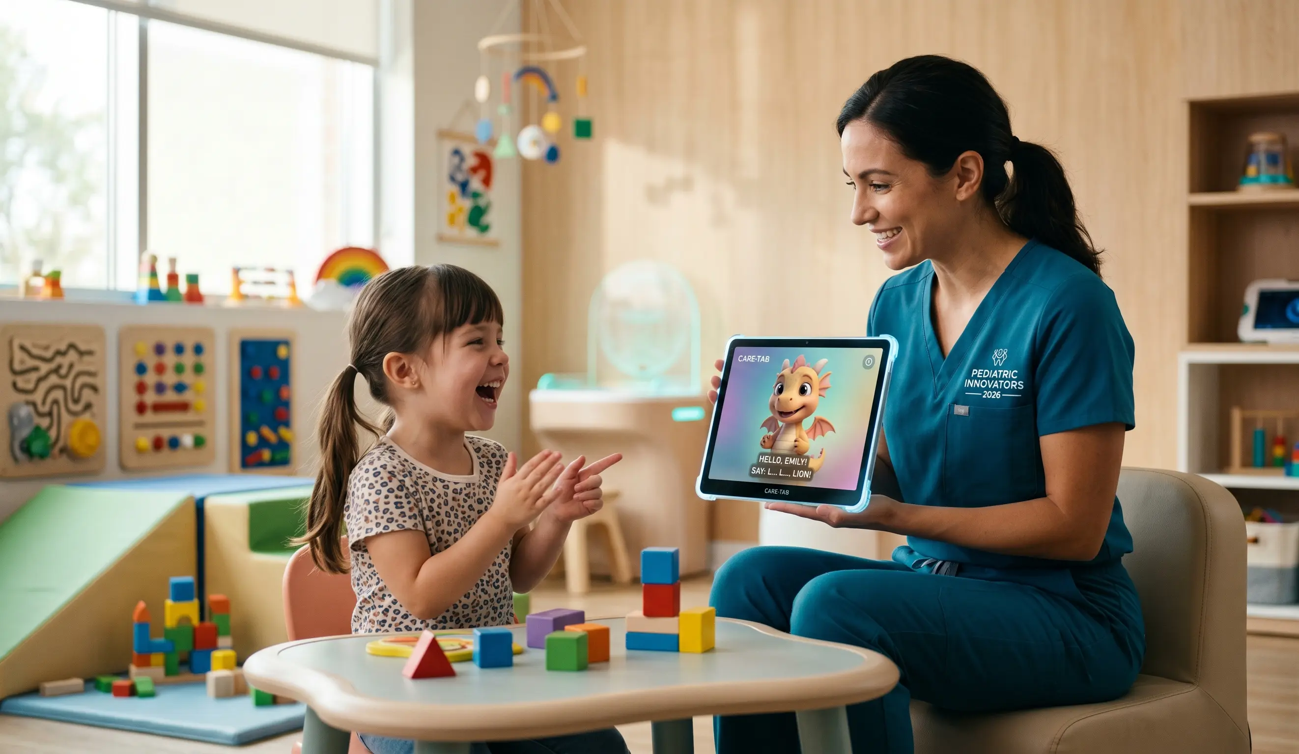 A photo of a smiling female healthcare professional in teal scrubs, with a Pediatric Innovators badge, showing a happy young girl a CARS Tab tablet. The tablet features a cute, glowing cartoon dragon with a message that says, Hello, EMILY! SAY, L...L... LION! The girl is clapping her hands and laughing with excitement. They are at a small table with colorful wooden blocks in a bright, modern therapy room filled with children's development tools and toys. The United Health Care Staffing logo is in the top-left corner.