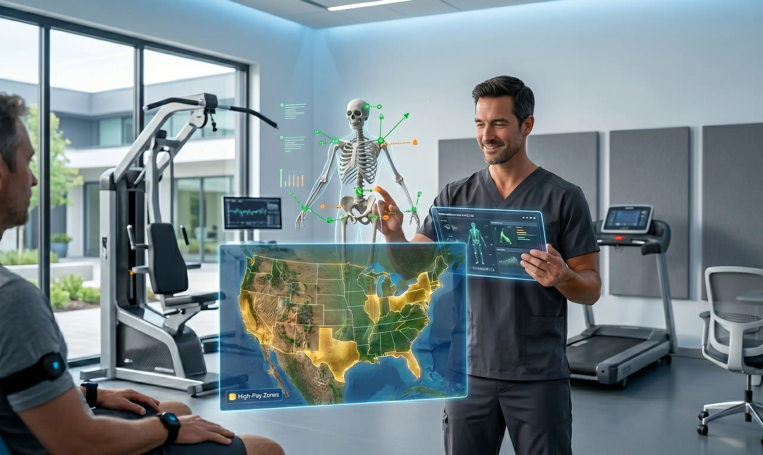 A male physical therapist in dark grey scrubs using futuristic holographic technology in a modern rehab clinic. He is interacting with a 3D skeletal model and a glowing US map labeled 'High-Pay Zones' while consulting with a patient. The background features high-end gym equipment, emphasizing advanced travel therapy jobs and high-paying healthcare careers in the United States