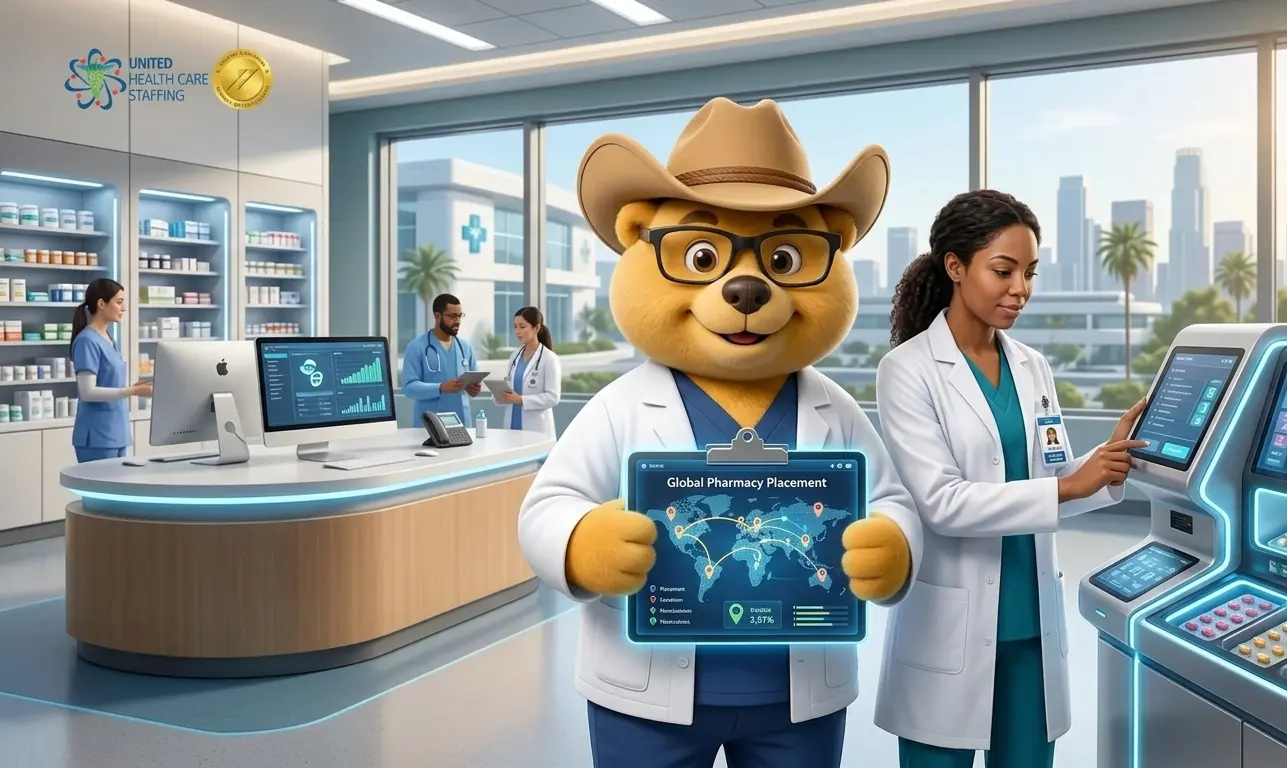 A friendly bear character in a lab coat and cowboy hat holding a 'Global Pharmacy Placement' tablet in a modern United Health Care Staffing office