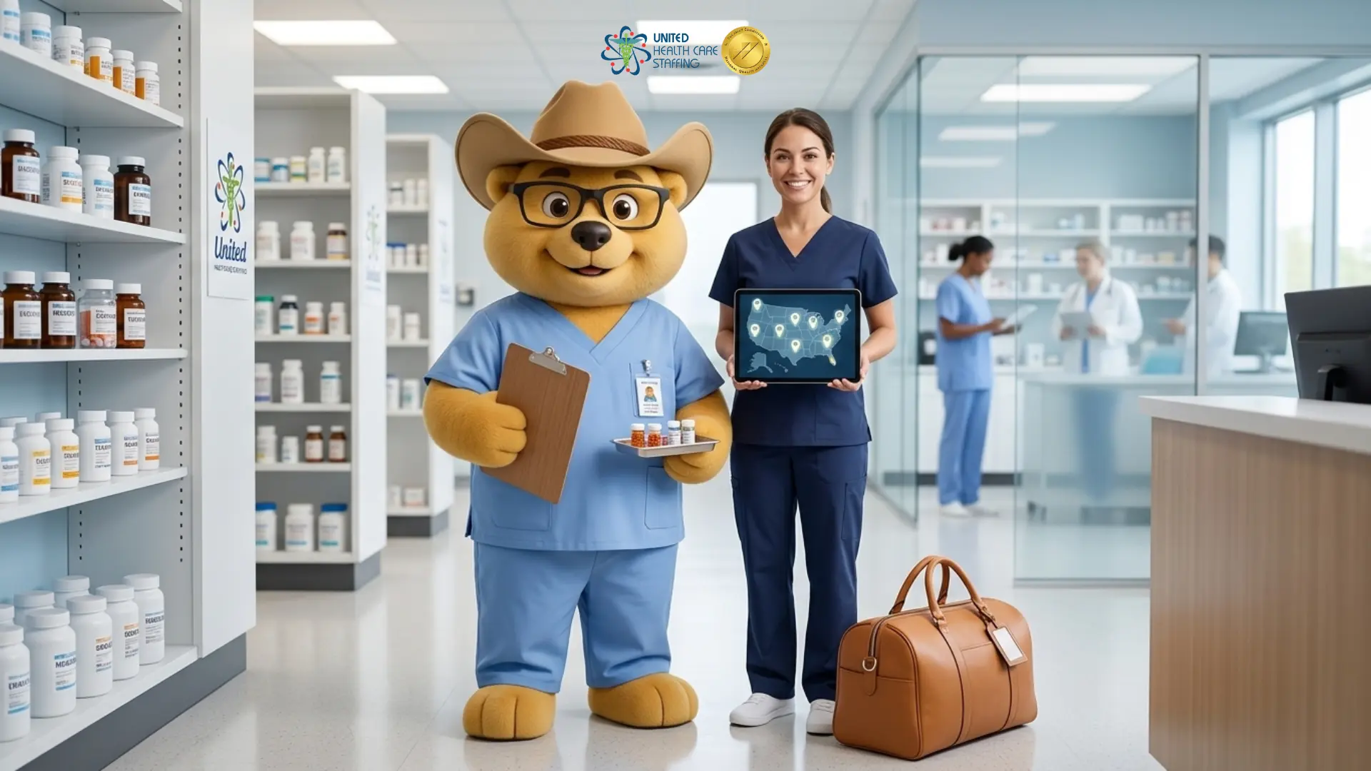 A bear mascot in blue scrubs and a cowboy hat standing next to a healthcare professional holding a tablet with a US map, highlighting United Health Care Staffing's national reach.