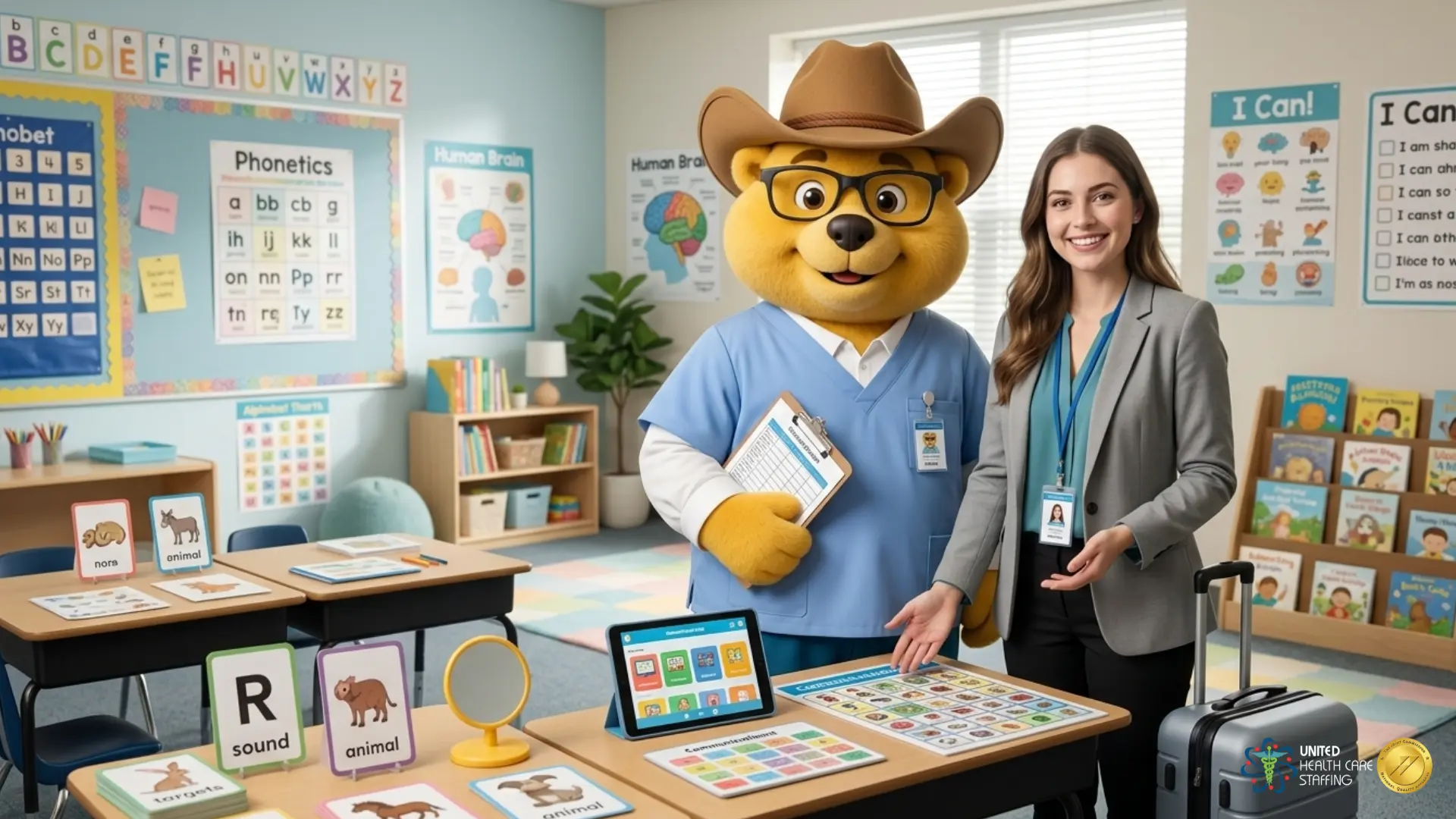 A professional female therapist and the mascot Uni-Ted in a brightly colored pediatric speech therapy classroom. Uni-Ted is wearing light blue scrubs and holding a clipboard, while the therapist gestures toward a table with communication boards and a tablet. The setting features educational posters for phonetics and the human brain, highlighting specialized travel therapy opportunities in school-based and pediatric settings.