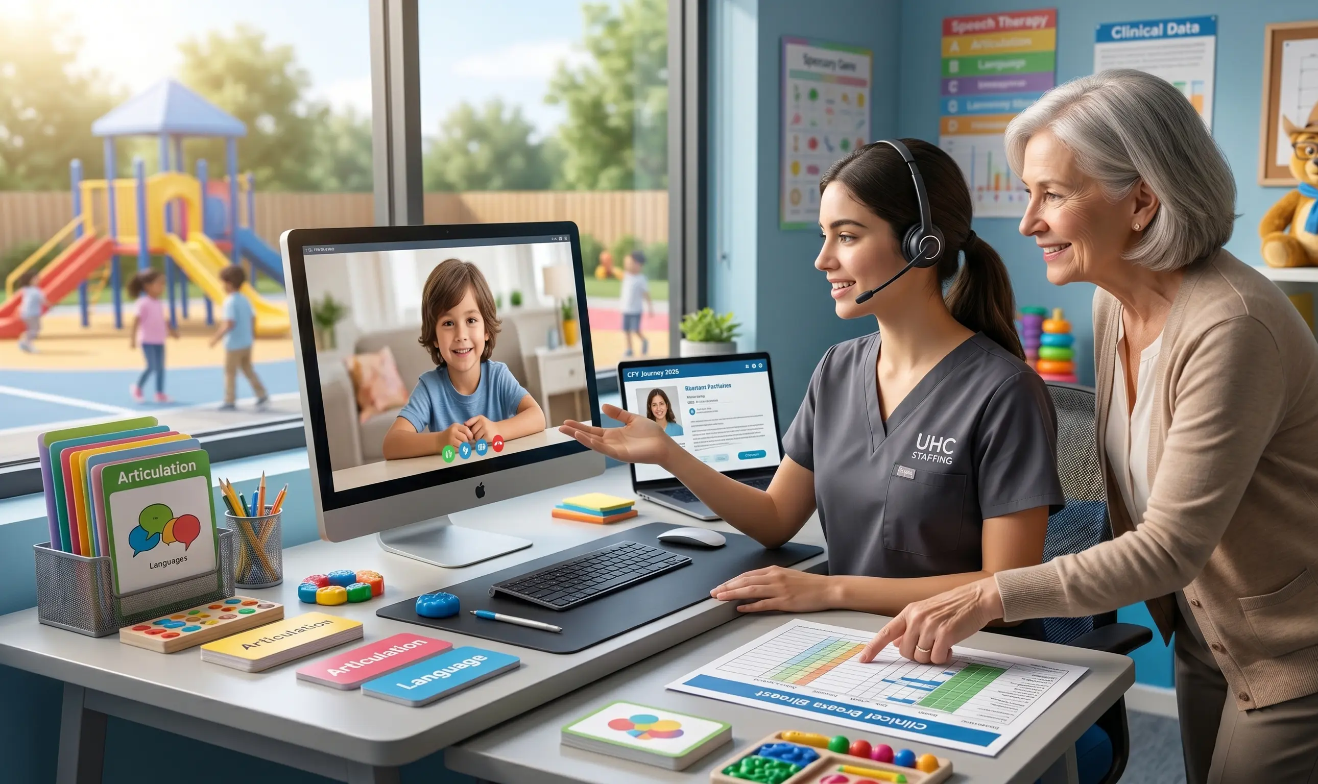 A young speech-language pathologist in grey UHC Staffing scrubs wearing a headset and conducting a teletherapy session with a child on a computer screen. An experienced mentor stands beside her, guiding her through clinical data and articulation materials. The background shows a sunny playground and speech therapy posters, highlighting teletherapy and clinical fellowship (CFY) opportunities in pediatric healthcare.