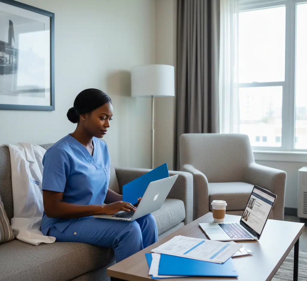 A female healthcare professional in blue scrubs sits on a gray sofa in a well-lit room, working on a laptop while holding a blue folder. A second laptop, a cup of coffee, and several documents are organized on a wooden coffee table in front of her. A white lab coat is draped over the arm of the sofa, and a large window in the background provides bright, natural light.
