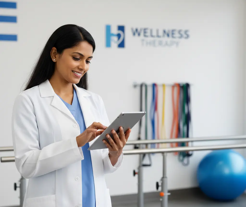 A smiling female healthcare professional in a white lab coat and blue scrubs stands in a physical therapy clinic while using a digital tablet. In the background, the Wellness Therapy logo is visible on the wall, alongside therapy equipment like parallel bars, resistance bands, and a blue exercise ball