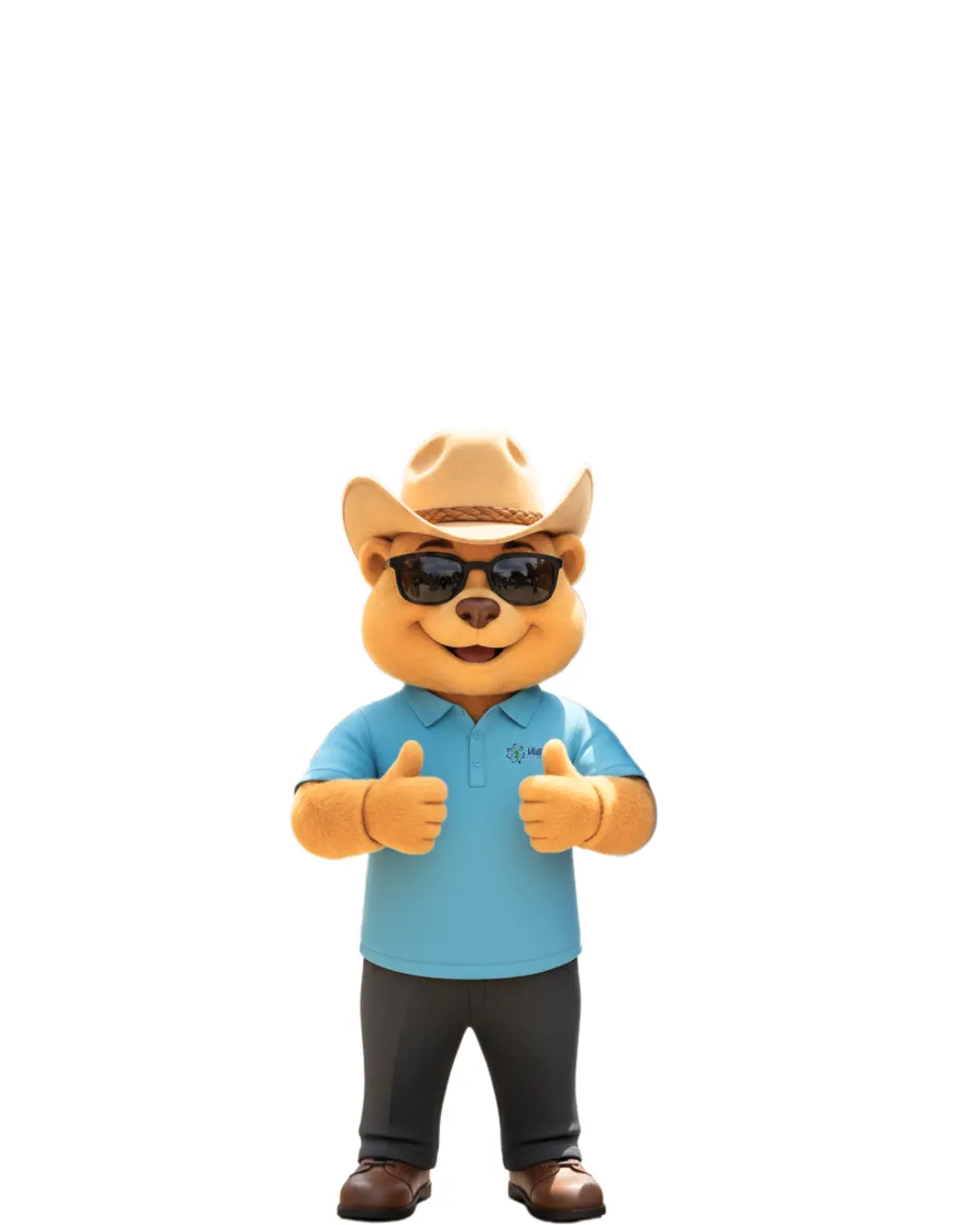 A professional digital illustration of the UHC Staffing mascot, Uni-Ted—a friendly tan bear—giving a double thumbs-up against a plain white background. He is styled for a traveler look, wearing a tan cowboy hat with a braided band, dark sunglasses, a light blue polo shirt with a subtle logo, dark grey trousers, and brown leather shoes. The image is clean and high-contrast, designed for use as a professional mascot icon.