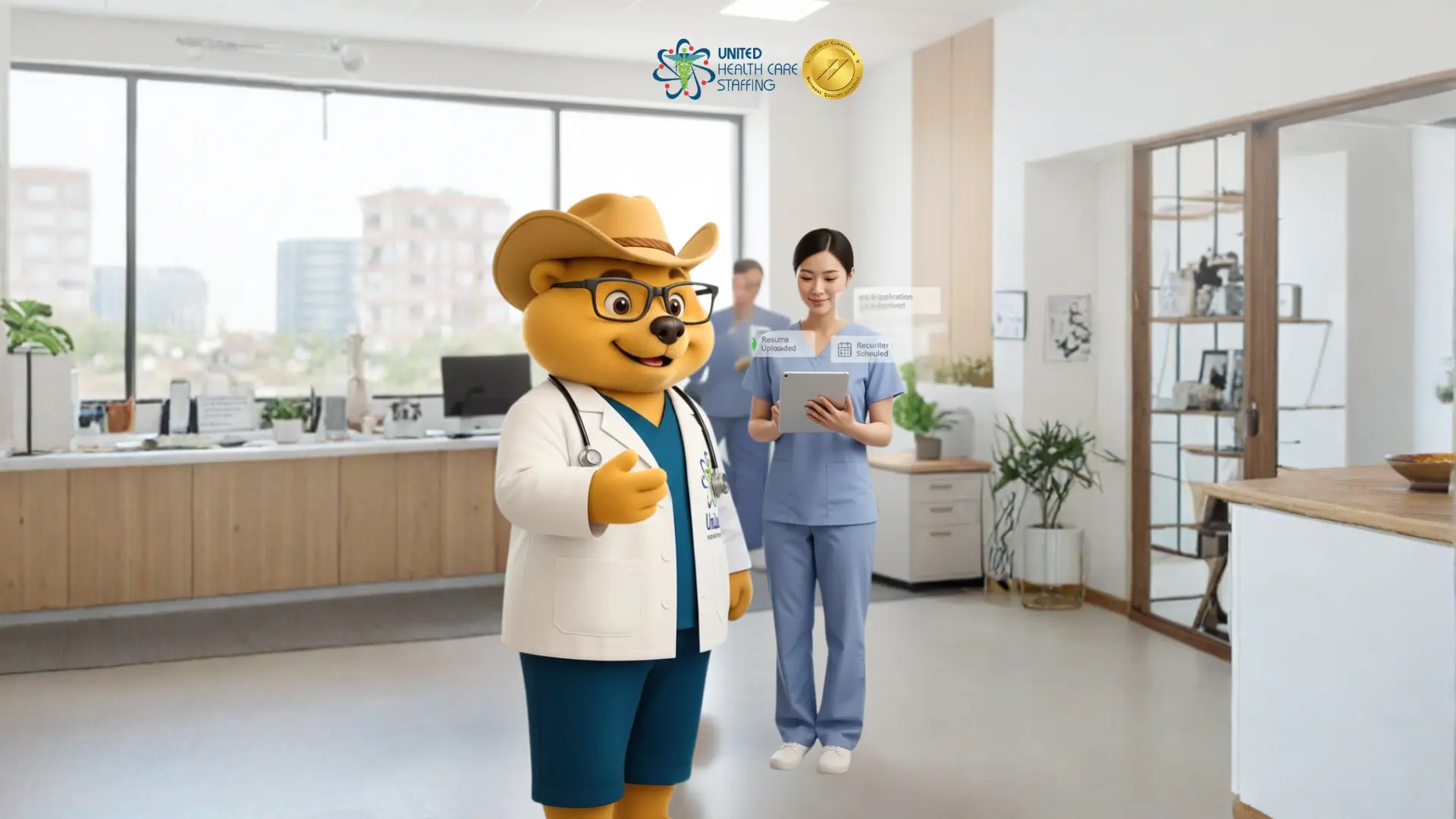 A bright, modern healthcare office or clinic setting. In the foreground stands a large bear mascot wearing a cowboy hat, glasses, and a white doctor's lab coat with a stethoscope around its neck. Behind the mascot, a healthcare professional in blue scrubs is looking at a tablet, with digital icons floating nearby indicating Resume Uploaded and Recruiter Scheduled. The United Health Care Staffing logo and a gold certification seal are positioned at the top center. Large windows in the background overlook a city view