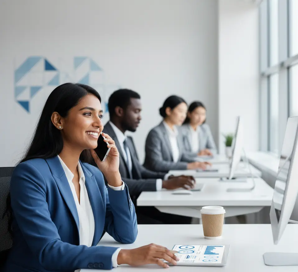 A smiling professional woman in a blue blazer talking on a smartphone at her desk in a modern, bright office. She is looking at a tablet displaying data charts and graphs. In the background, three diverse colleagues are focused on their computer screens, representing a dedicated and streamlined recruitment team.