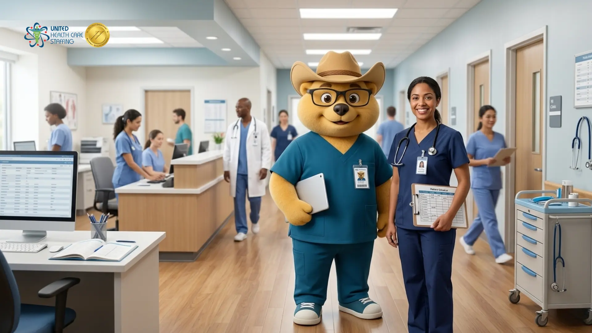 A friendly bear mascot in a cowboy hat and blue scrubs stands in the center of a busy, modern hospital hallway, holding a white tablet. Beside him stands a female healthcare professional in dark blue scrubs, smiling and holding a patient chart on a clipboard. In the background, other medical staff members in scrubs and lab coats are seen working at a reception desk and walking through the bright, clean facility. The United Health Care Staffing logo and a Joint Commission Gold Seal of Approval are displayed in the top-left corner.