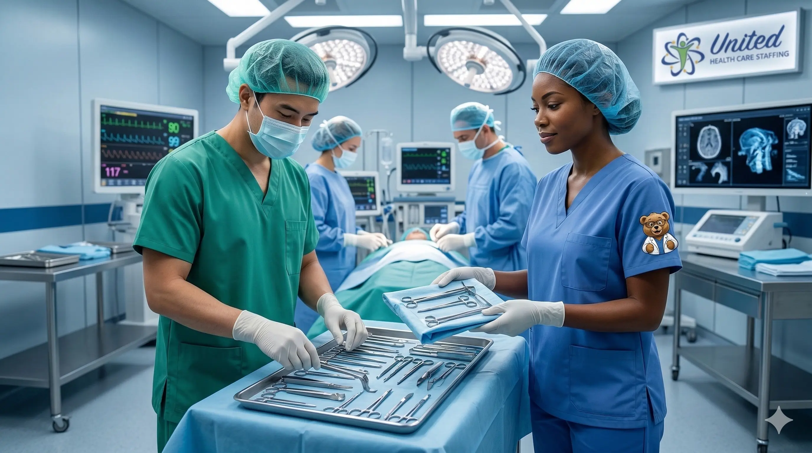 A team of surgical professionals in a modern, high-tech operating room. In the foreground, a male surgeon in green scrubs and a female surgical assistant in blue scrubs are preparing sterile surgical instruments on a tray. The assistant has a patch of the bear mascot on her sleeve. In the background, other medical staff members in masks and caps are attending to a patient under bright surgical lights. Digital monitors displaying vitals and medical scans are visible, along with the United Health Care Staffing logo on the wall.