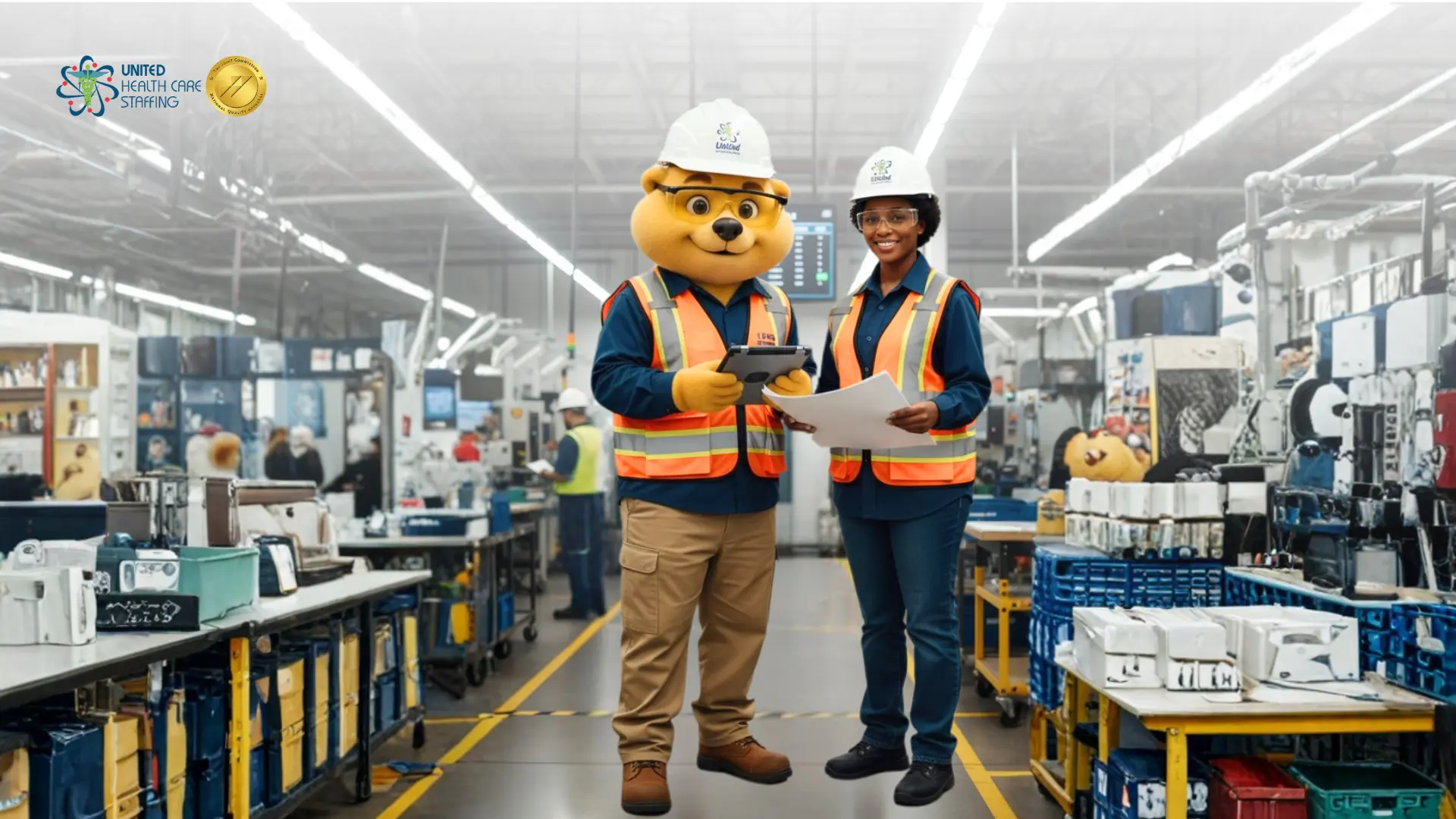 An industrial warehouse setting featuring a woman in a blue work shirt, safety vest, and hard hat standing next to a large bear mascot also dressed in full safety gear, including a hard hat and protective eyewear. The woman holds a document while the mascot holds a tablet. In the background, the factory floor is visible with machinery and other workers. The top left corner displays the United Health Care Staffing logo alongside a gold certification seal.