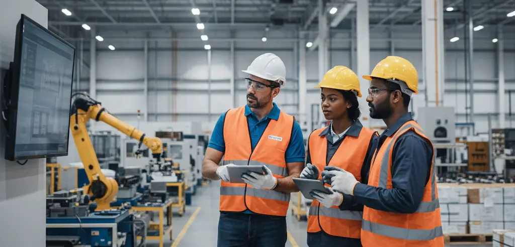 Three engineers in a modern manufacturing facility standing together while looking at a wall-mounted monitor. They are all wearing safety vests, hard hats, and protective eyewear. Two of the engineers are holding tablets, appearing to discuss data or workflows. The background features an industrial setting with a yellow robotic arm, assembly lines, and organized crates under bright factory lighting