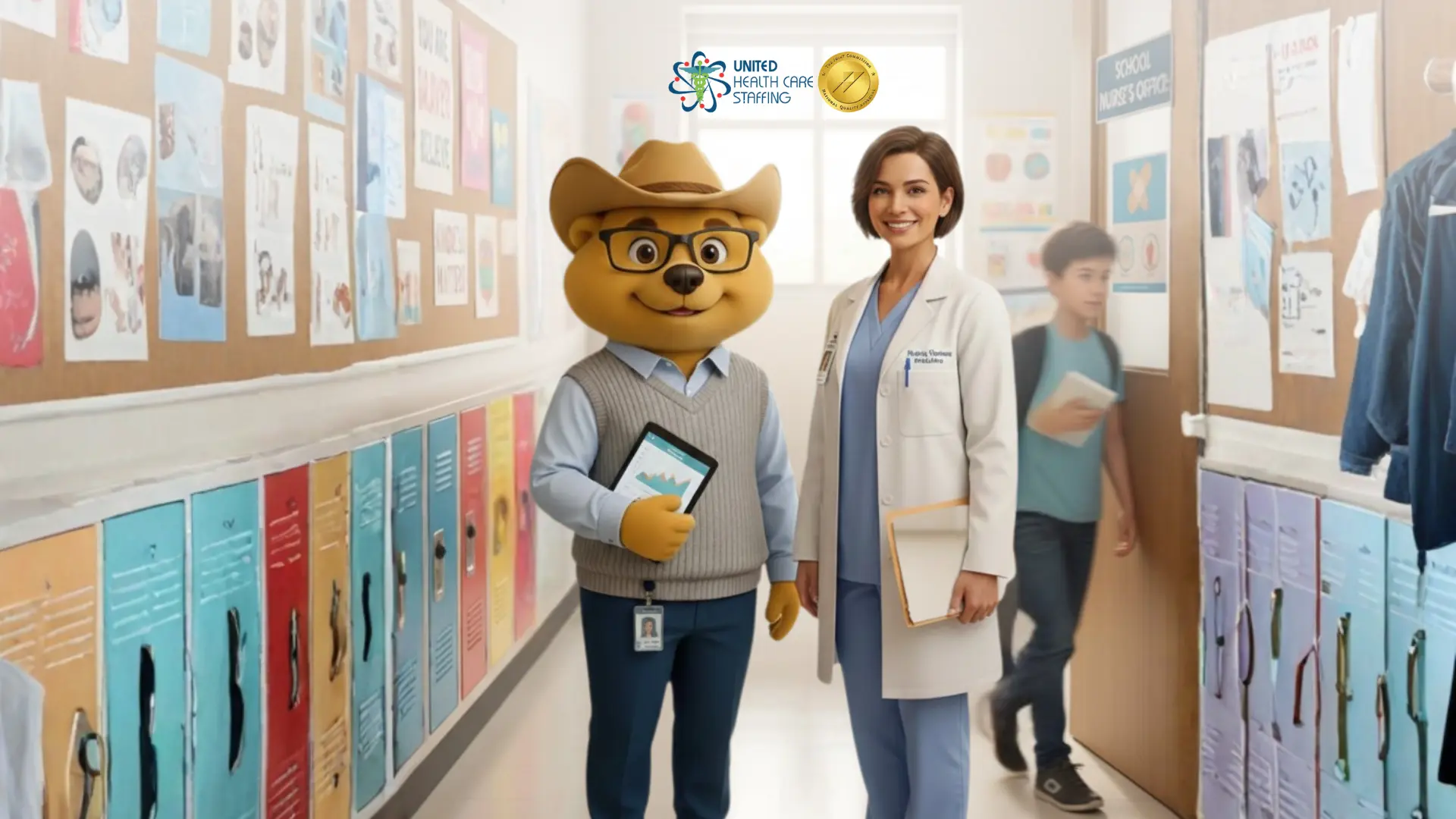 An AI-generated image of a brightly lit school hallway. In the center, a woman in light blue medical scrubs and a white lab coat stands next to a large, friendly bear mascot. The mascot wears a cowboy hat, glasses, a grey sweater vest, and holds a tablet showing data charts