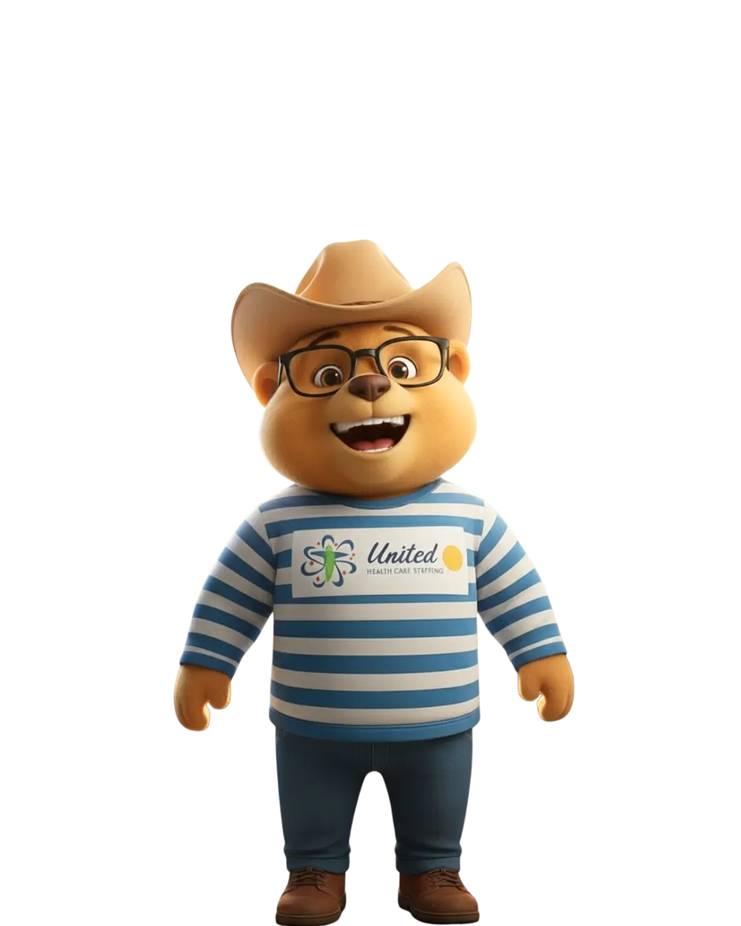 United Health Care Staffing mascot, a friendly tan bear character wearing a tan cowboy hat, black-rimmed glasses, and a blue-and-white striped shirt. The mascot features the United Health Care Staffing logo on its chest and is set against a clean white background, representing the brand's approachable and supportive identity in travel therapy and healthcare recruitment