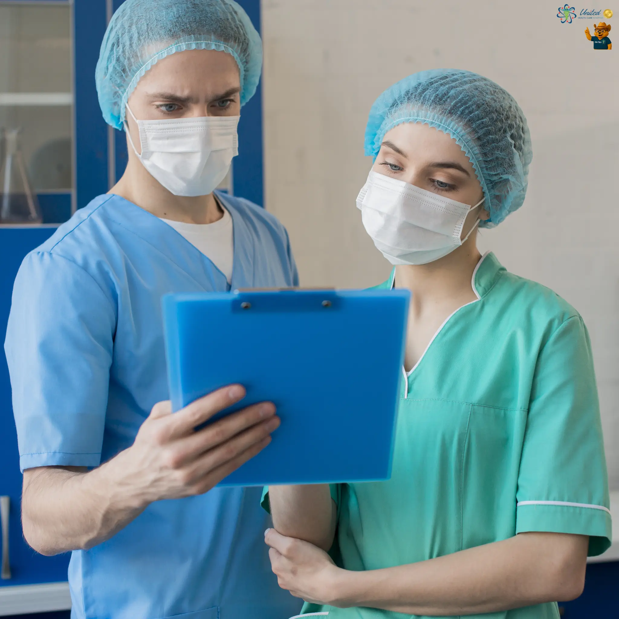 Two smiling nurses in scrubs reviewing patient charts together in a hospital setting.